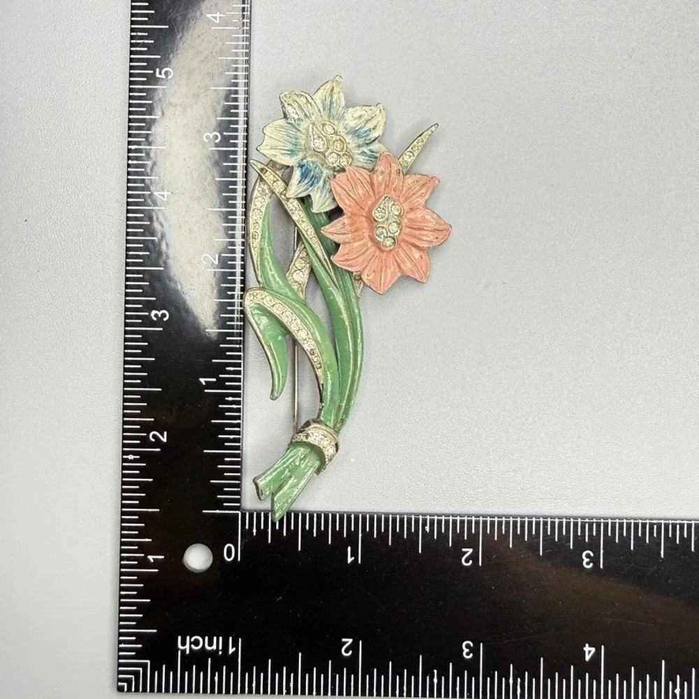 Vintage Pot Metal Enamel Flower Rhinestone Brooch 3.5